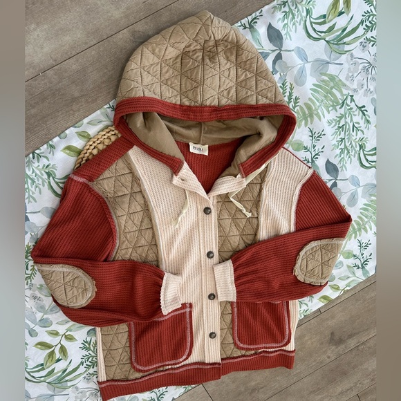 BiBi Jackets & Blazers - New BiBi Women’s Thermal Quilted Waffle Sweater Patchwork Shacket Jacket Size SM